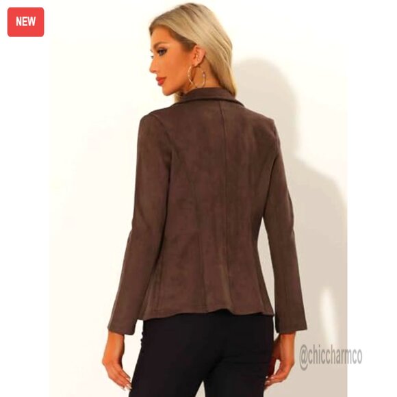 Faux Suede Blazer Lapel Collar Long Sleeve Office Work Jacket Chic Classic - Picture 3 of 5